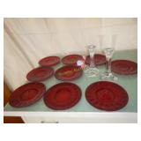 Red MCM Glass Dinner Plates & Candlesticks