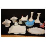 Hens on Nest Candlesticks milkglass Trays