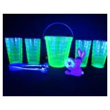 Ice Bucket & Glasses Green  Depression Glass