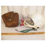 Early Baseball Glove and Childs Football Helmet