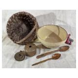 Primitive bowl, wooden spoons, butter press