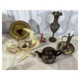 Metal objects and porcelain teapot