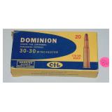 1 BOX 30-30 WINCHESTER DOMINION RIFLE CARTRIDGES