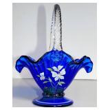 FENTON COBALT BLUE FLORAL PETAL BASKET SIGNED