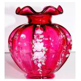 SPECIAL FENTON FLORAL CRANBERRY MELON VASE SIGNED