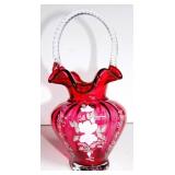 FENTON CRANBERRY FLORAL BASKET ARTIST SIGNED