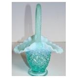 FENTON GREEN OPALESCENT DIAMOND HOBNAIL BASKET