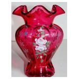 FENTON CRANBERRY FLORAL MELON VASE ARTISIT SIGNED