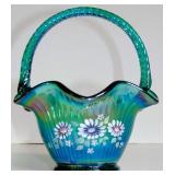 FENTON BLUE GREEN IRIDESCENT FLORAL BASKET SIGNED