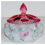 FENTON FLORAL MELON POWDER JAR LAVENDER LID SIGNED