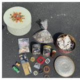 VINTAGE SEWING BUTTONS, PATCHES, BOXES, SCISSOR