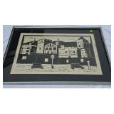 VINTAGE LINOCUT CITYSCAPE PRINT