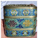 OVAL CLOISONNE ENAMEL COVERD VESSEL FLOWERS SYMBOL