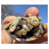 STONE NETSUKE - ANIMAL on LEAF eating BUTTERFLY