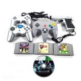 (4) Video Game Controllers, (3) Nintendo 64 Games