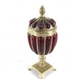 Cranberry Glass and Brass Footed Covered Jar
