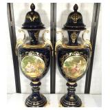 Pair, C. Limoges Cobalt and Gold Gilt 43" Vases