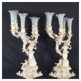 Pair of Candelabra Lamps, Woman with Spaniel