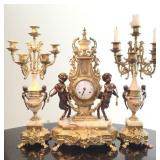 Italian Marble Mantle Clock, Candelabra Set