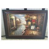 Textured Print in Frame, Café on Canal Scene