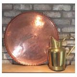 Large Copper Tray and Brass Pitcher