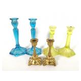 (3) Pairs of Candlesticks, Stretch Glass, Painted