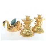 (3) Pieces Gold Plated, (2) Aquarius Candlesticks