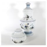 (2) pc Large Hand Painted Milk Glass Urn and Jar