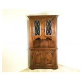Dark Pine Corner Cabinet with Leaded Glass Doors