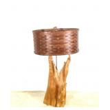 Vintage Cypress Wood Lamp with Wicker Shade