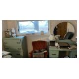 Dresser, makeup table, chair, and contents
