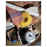 Burlap, upholstery material,  jars, coffee pot