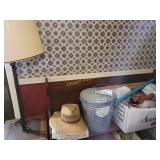 Galvanized can, lamp, bench and misc