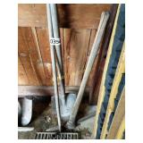 Shovel, pick axe, rake