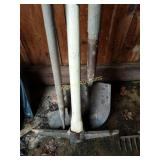 Shovel, pick axe and hoe
