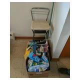 Cleaning supplies, chair