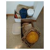Pyrex dishes, Tupperware, baskets