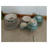 Dish set, tea set, hanging shelves & contents