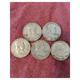 (5) Franklin Silver Half Dollars