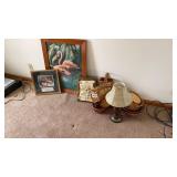 Dresser lamp, baskets, pictures