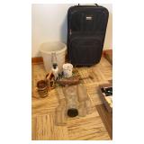 Glass bottles, shoe stretcher, suitcase