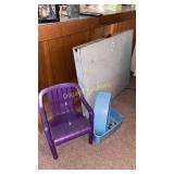 Folding metal table, childs chair, enamel pans