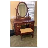 Wooden vanity, mirror and seat