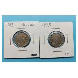 (2) 1913-P Type 1 & 1915-P Buffalo Nickels