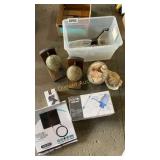 Globe bookends, water pump, shells