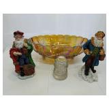 Carnival glass bowl, Santa figurines & glass
