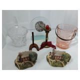 Glass clock, rose glass pail, churches (as is)