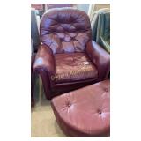 Leather armed chair and foot stool (as is)