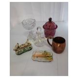 Imperial glass, cruet, copper mug and more