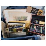 Tote of art supplies, pics, books, sketch books